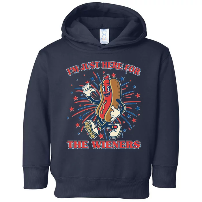 Funny 4th Of July Im Just Here For The Wieners Retro Cartoon Hotdog Toddler Hoodie