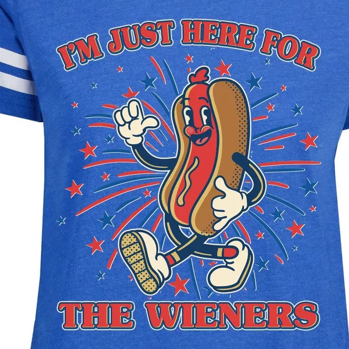 Funny 4th Of July Im Just Here For The Wieners Retro Cartoon Hotdog Enza Ladies Jersey Football T-Shirt