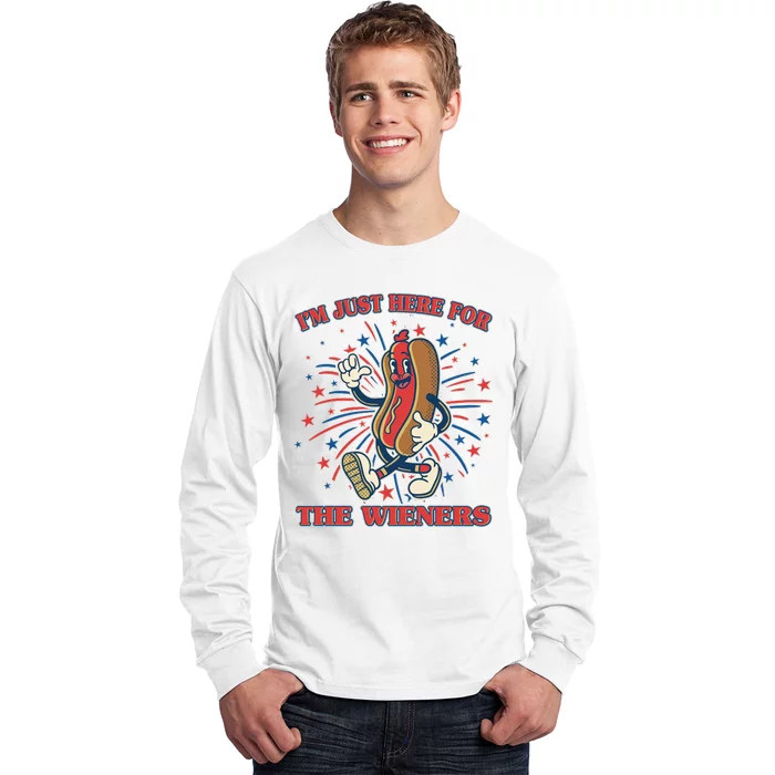 Funny 4th Of July Im Just Here For The Wieners Retro Cartoon Hotdog Long Sleeve Shirt