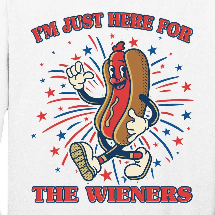 Funny 4th Of July Im Just Here For The Wieners Retro Cartoon Hotdog Long Sleeve Shirt