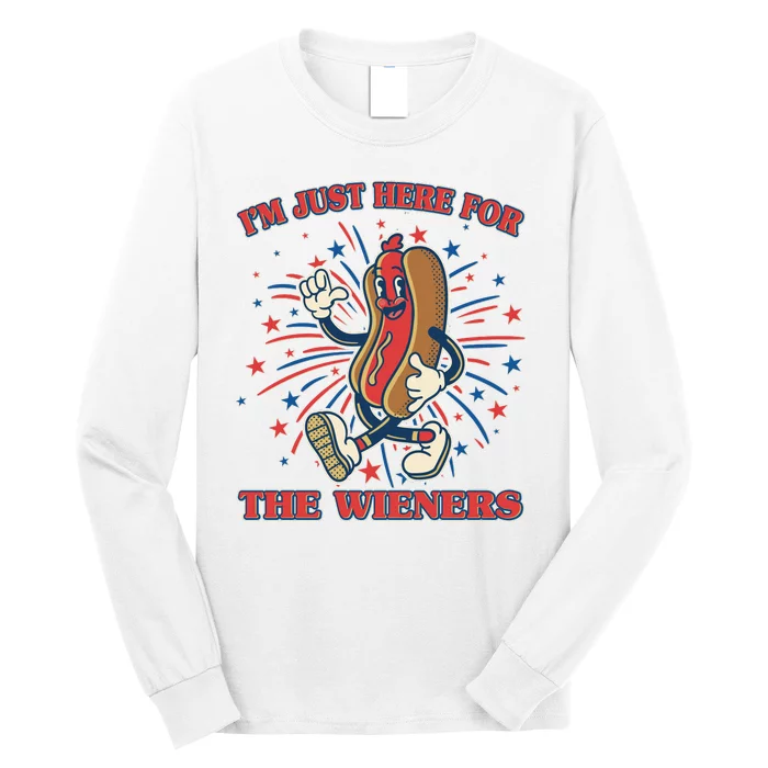 Funny 4th Of July Im Just Here For The Wieners Retro Cartoon Hotdog Long Sleeve Shirt