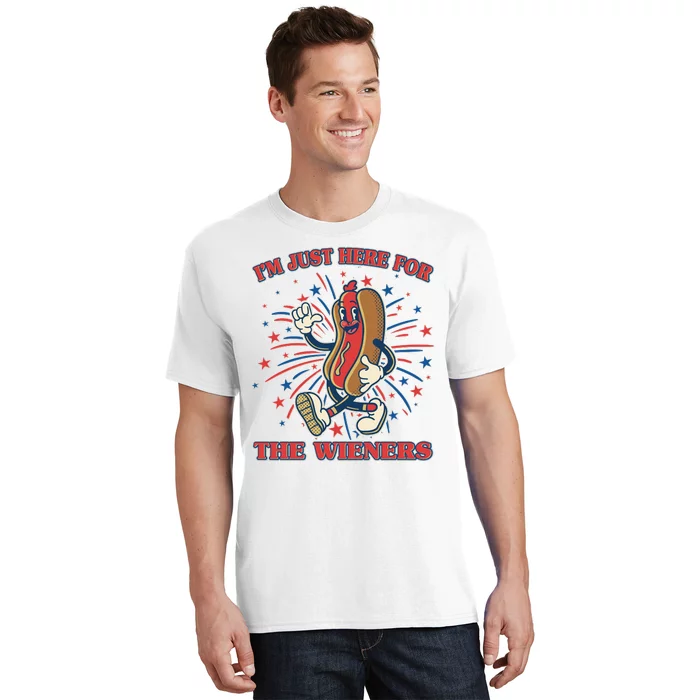 Funny 4th Of July Im Just Here For The Wieners Retro Cartoon Hotdog T-Shirt