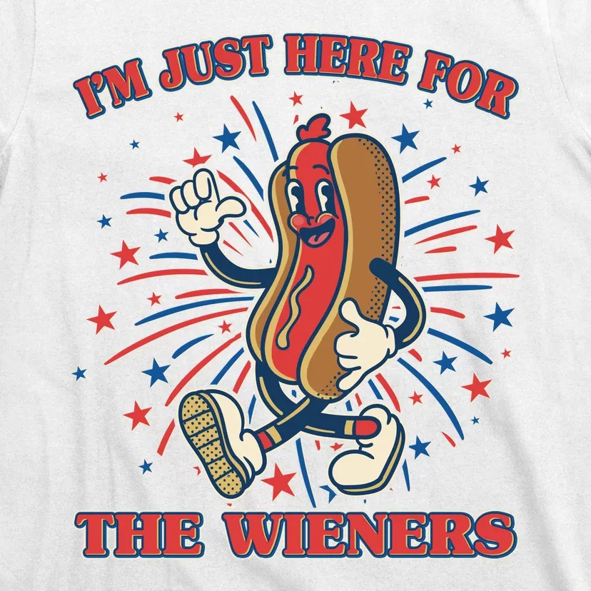 Funny 4th Of July Im Just Here For The Wieners Retro Cartoon Hotdog T-Shirt