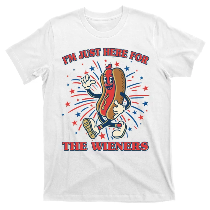 Funny 4th Of July Im Just Here For The Wieners Retro Cartoon Hotdog T-Shirt