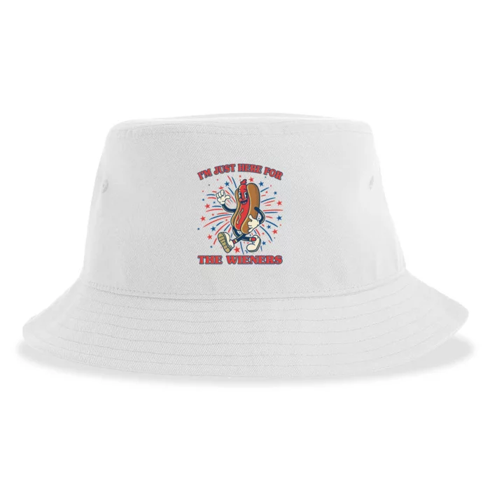 Funny 4th Of July Im Just Here For The Wieners Retro Cartoon Hotdog Sustainable Bucket Hat