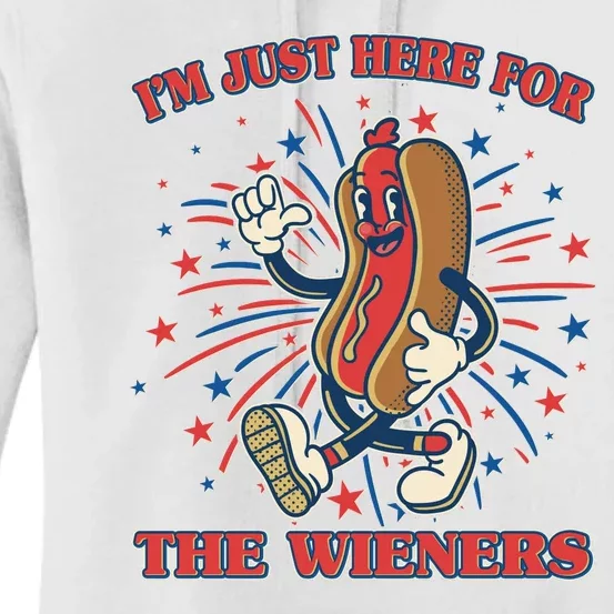 Funny 4th Of July Im Just Here For The Wieners Retro Cartoon Hotdog Women's Pullover Hoodie