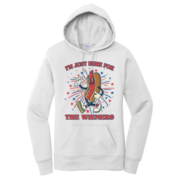 Funny 4th Of July Im Just Here For The Wieners Retro Cartoon Hotdog Women's Pullover Hoodie