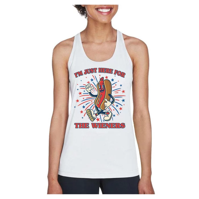 Funny 4th Of July Im Just Here For The Wieners Retro Cartoon Hotdog Women's Racerback Tank