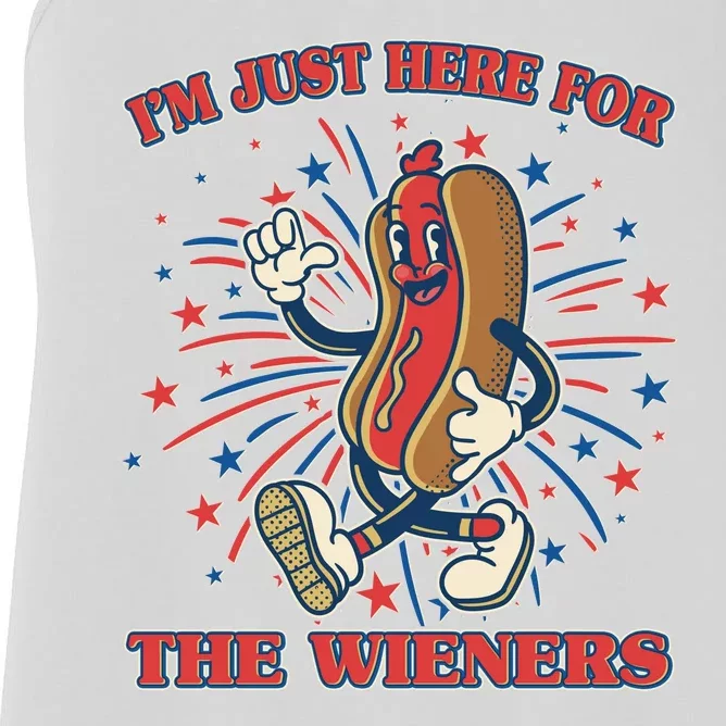 Funny 4th Of July Im Just Here For The Wieners Retro Cartoon Hotdog Women's Racerback Tank