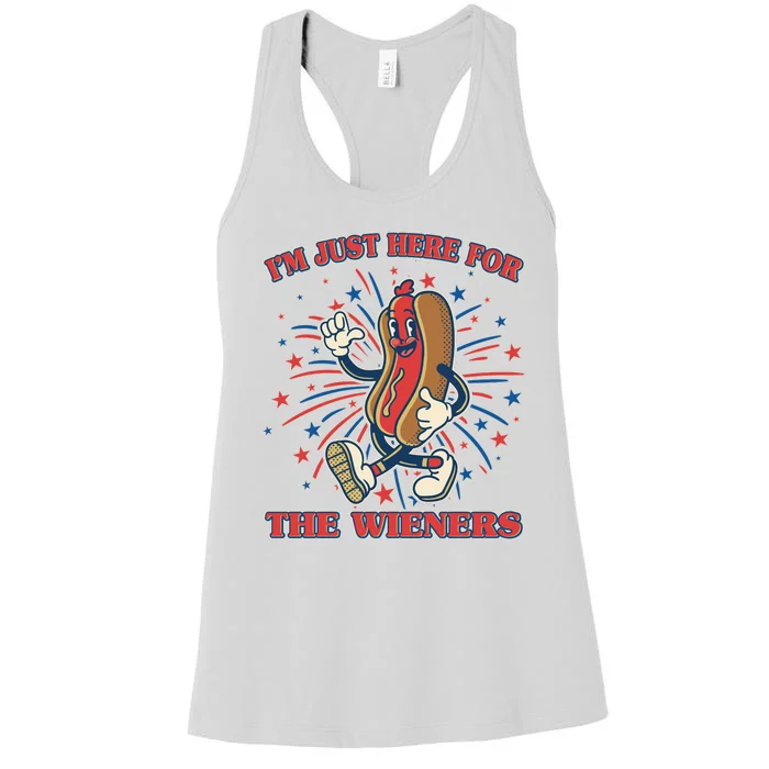 Funny 4th Of July Im Just Here For The Wieners Retro Cartoon Hotdog Women's Racerback Tank