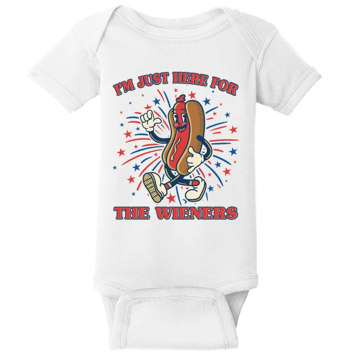 Funny 4th Of July Im Just Here For The Wieners Retro Cartoon Hotdog Baby Bodysuit