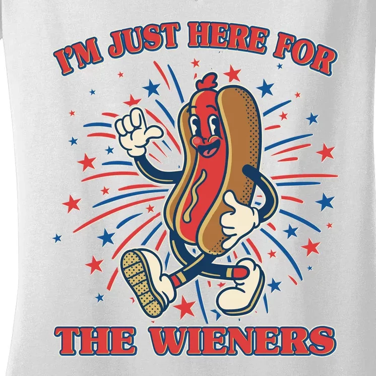 Funny 4th Of July Im Just Here For The Wieners Retro Cartoon Hotdog Women's V-Neck T-Shirt