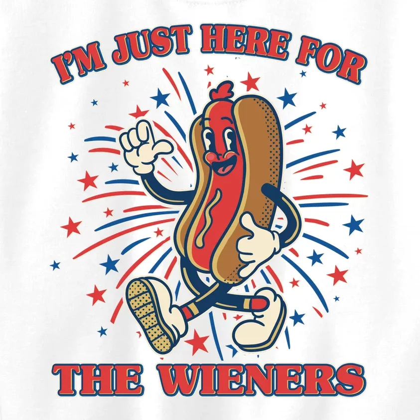 Funny 4th Of July Im Just Here For The Wieners Retro Cartoon Hotdog Kids Sweatshirt