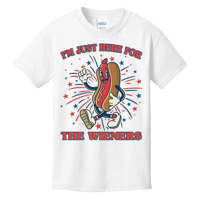 Funny 4th Of July Im Just Here For The Wieners Retro Cartoon Hotdog Kids T-Shirt