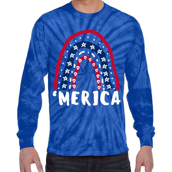 Fun 4th Of July Patriotic Merica Flag Rainbow Hand Drawing Gift Tie-Dye Long Sleeve Shirt