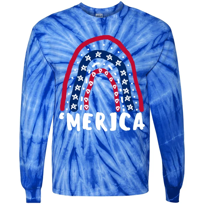 Fun 4th Of July Patriotic Merica Flag Rainbow Hand Drawing Gift Tie-Dye Long Sleeve Shirt