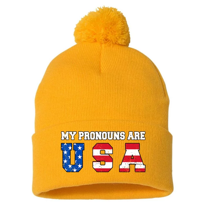 Funny 4th Of July American Saying My Pronouns Are USA Pom Pom 12in Knit Beanie