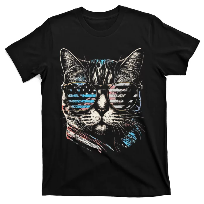 Fourth 4th of July Cat American Flag America Patriotic Funny T-Shirt