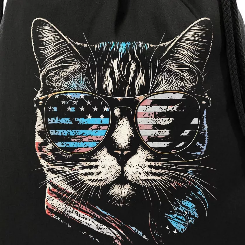 Fourth 4th of July Cat American Flag America Patriotic Funny Drawstring Bag