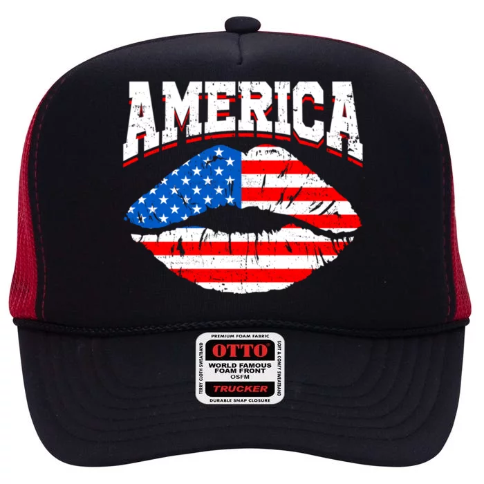 Funny 4th Of July American Flag Lips Mama Mom Sister Gift High Crown Mesh Trucker Hat