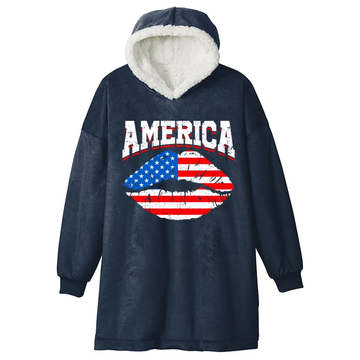 Funny 4th Of July American Flag Lips Mama Mom Sister Gift Hooded Wearable Blanket