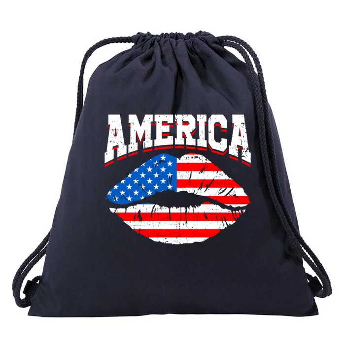 Funny 4th Of July American Flag Lips Mama Mom Sister Gift Drawstring Bag