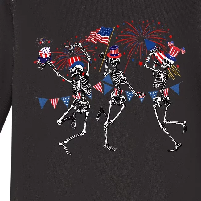 Funny 4th Of July Dancing Skeleton Memorial Day Patriotic Baby Long Sleeve Bodysuit