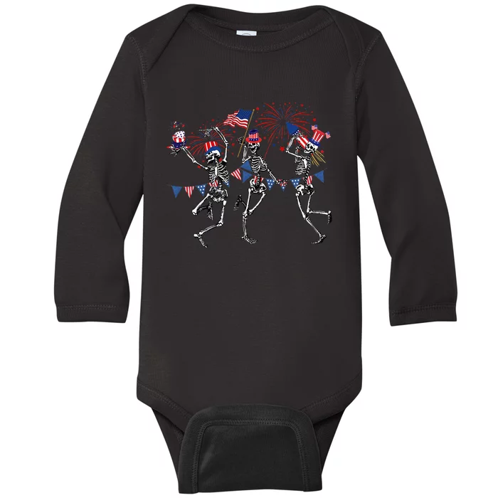 Funny 4th Of July Dancing Skeleton Memorial Day Patriotic Baby Long Sleeve Bodysuit