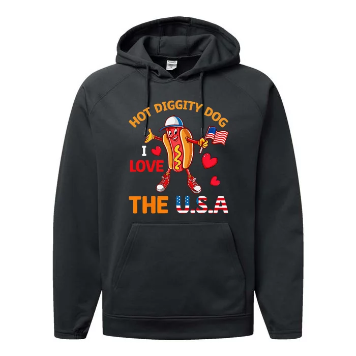 Funny 4th Of July Hot Dog I Love USA Party American Flag Performance Fleece Hoodie