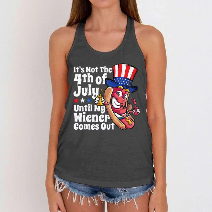 Funny 4th Of July Hot Dog Wiener Comes Out Adult Humor Gift Women's Knotted Racerback Tank