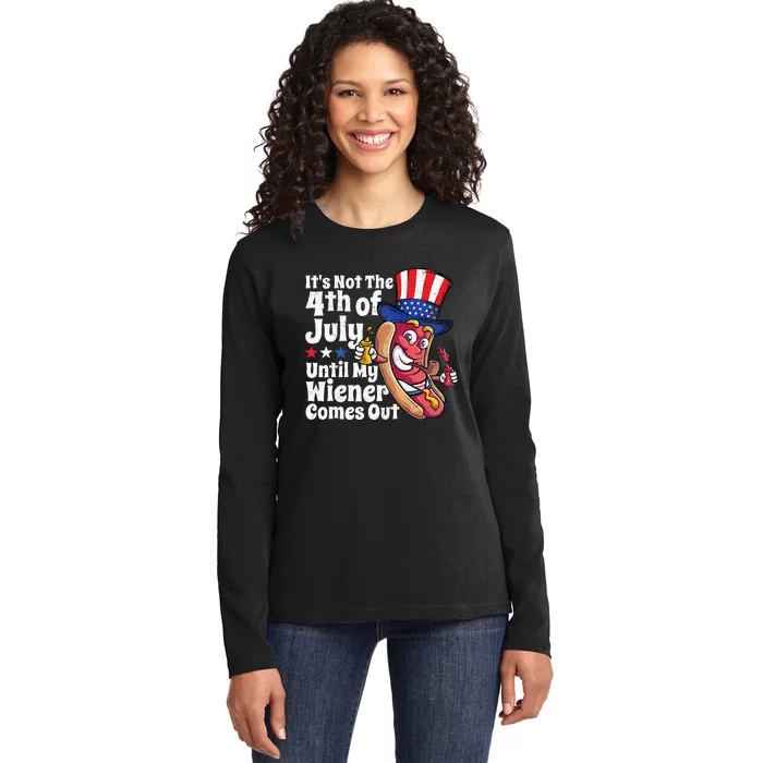 Funny 4th Of July Hot Dog Wiener Comes Out Adult Humor Gift Ladies Long Sleeve Shirt