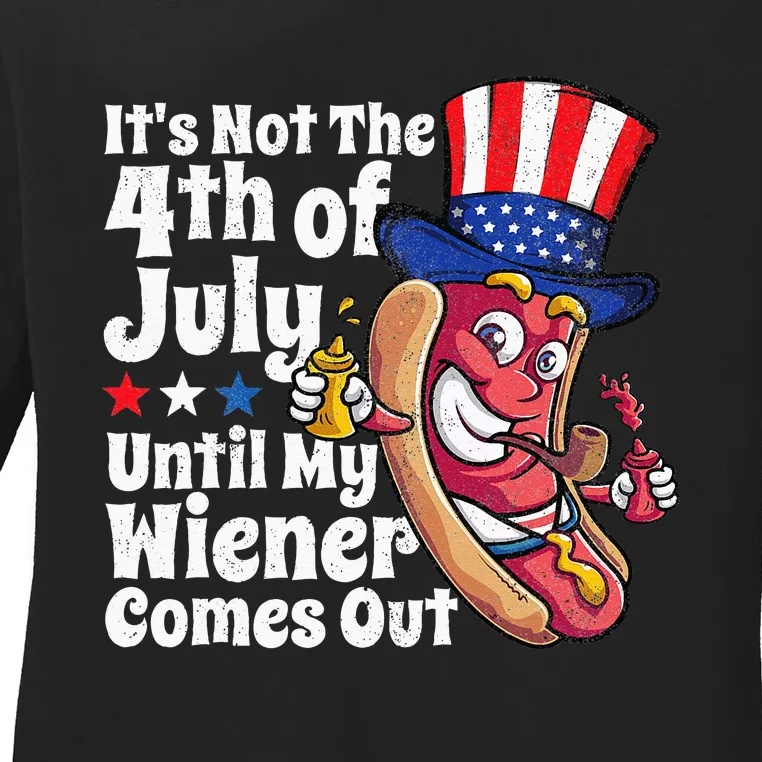 Funny 4th Of July Hot Dog Wiener Comes Out Adult Humor Gift Ladies Long Sleeve Shirt