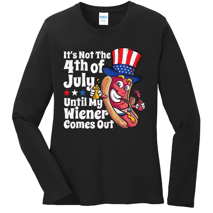 Funny 4th Of July Hot Dog Wiener Comes Out Adult Humor Gift Ladies Long Sleeve Shirt