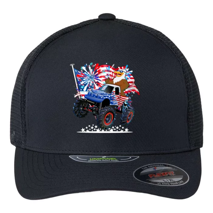 Funny 4th Of July Patriotic American Flag Monster Truck Eagle Flexfit Unipanel Trucker Cap