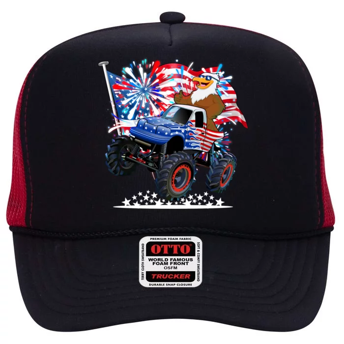 Funny 4th Of July Patriotic American Flag Monster Truck Eagle High Crown Mesh Trucker Hat