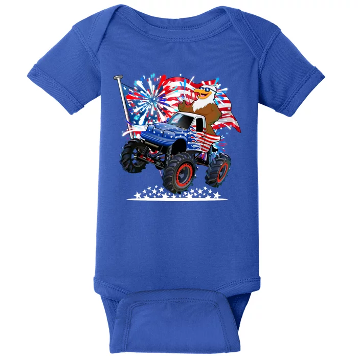 Funny 4th Of July Patriotic American Flag Monster Truck Eagle Baby Bodysuit