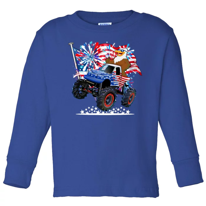 Funny 4th Of July Patriotic American Flag Monster Truck Eagle Toddler Long Sleeve Shirt