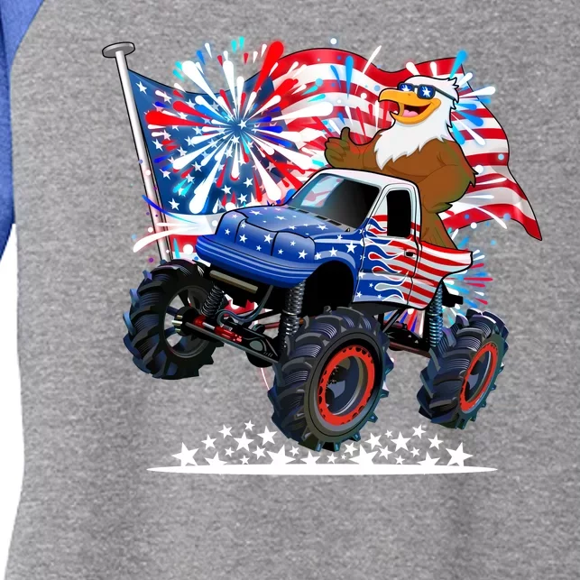 Funny 4th Of July Patriotic American Flag Monster Truck Eagle Women's Tri-Blend 3/4-Sleeve Raglan Shirt