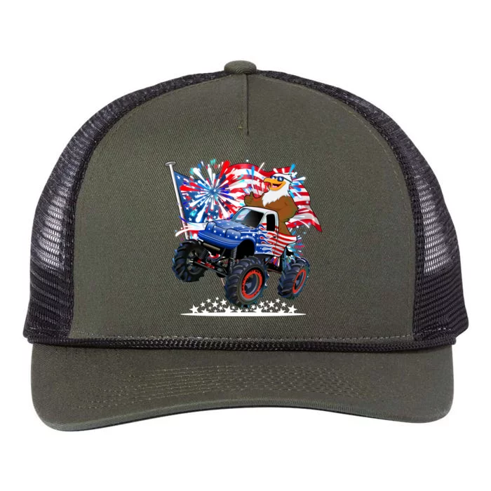 Funny 4th Of July Patriotic American Flag Monster Truck Eagle Retro Rope Trucker Hat Cap