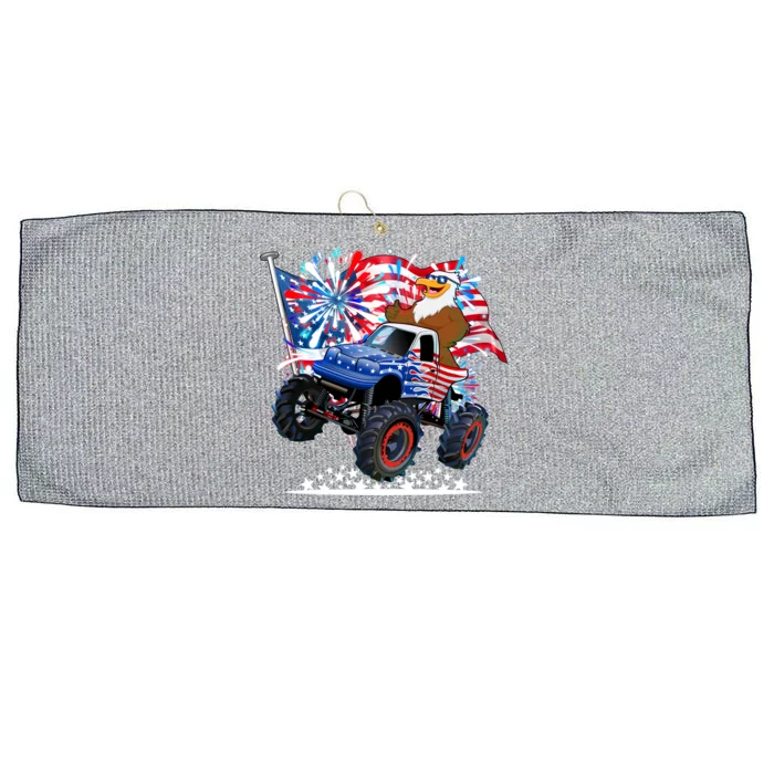 Funny 4th Of July Patriotic American Flag Monster Truck Eagle Large Microfiber Waffle Golf Towel