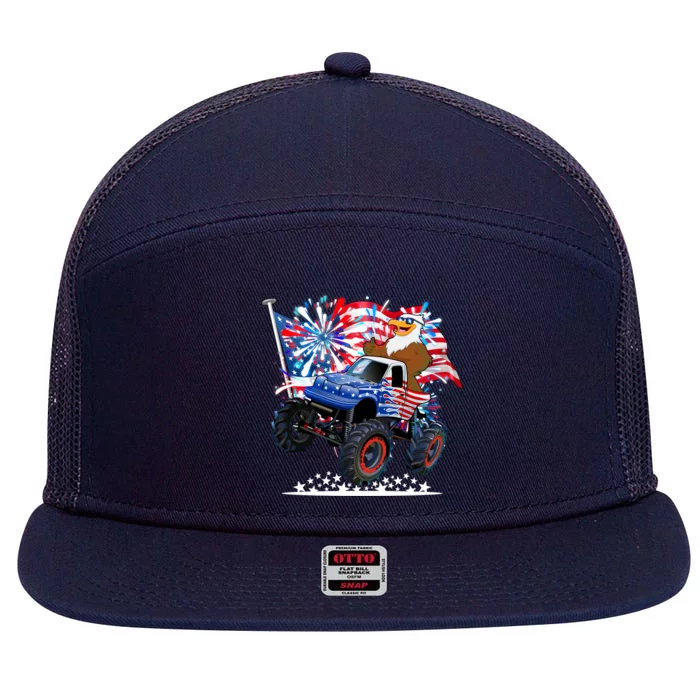 Funny 4th Of July Patriotic American Flag Monster Truck Eagle 7 Panel Mesh Trucker Snapback Hat