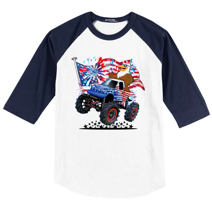 Funny 4th Of July Patriotic American Flag Monster Truck Eagle Baseball Sleeve Shirt