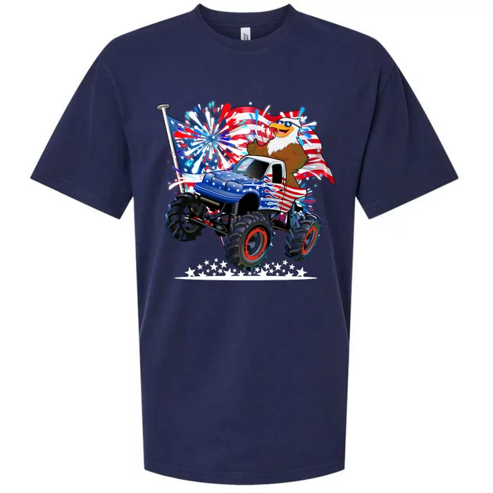 Funny 4th Of July Patriotic American Flag Monster Truck Eagle Sueded Cloud Jersey T-Shirt