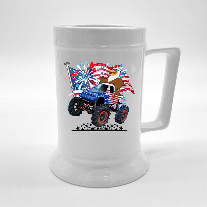 Funny 4th Of July Patriotic American Flag Monster Truck Eagle Front & Back Beer Stein