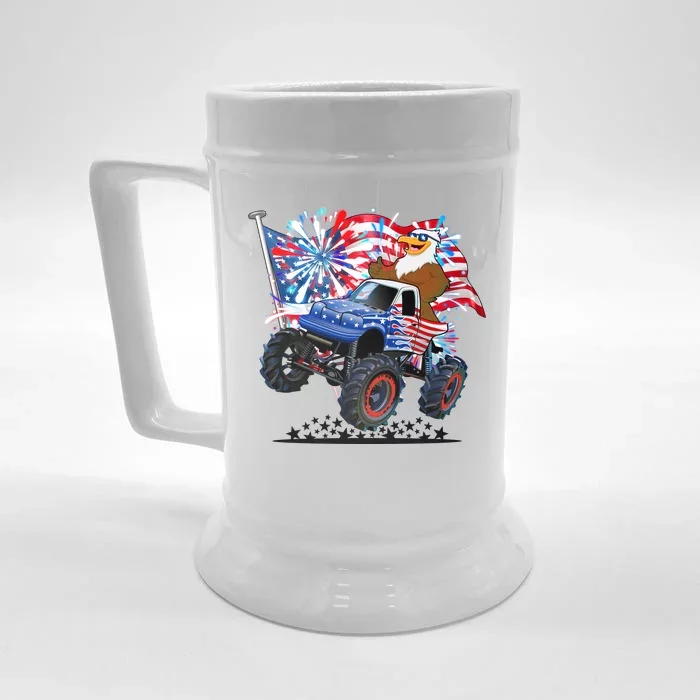 Funny 4th Of July Patriotic American Flag Monster Truck Eagle Front & Back Beer Stein