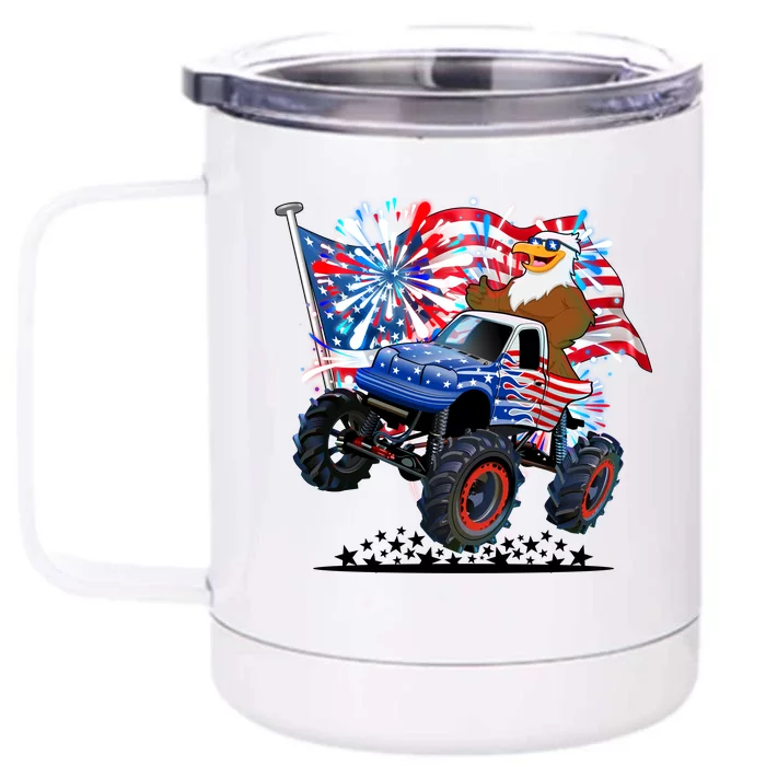 Funny 4th Of July Patriotic American Flag Monster Truck Eagle Front & Back 12oz Stainless Steel Tumbler Cup