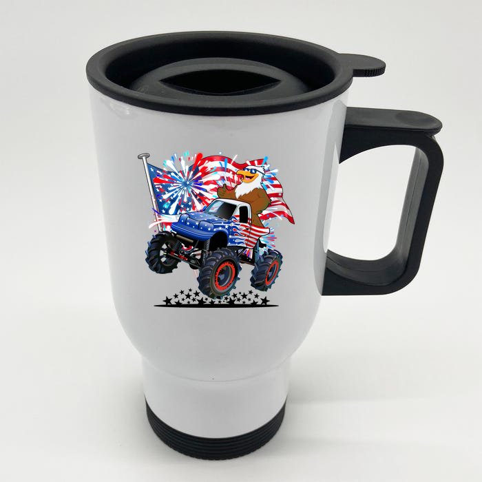 Funny 4th Of July Patriotic American Flag Monster Truck Eagle Front & Back Stainless Steel Travel Mug