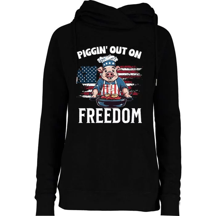 Funny 4th of July Pig Grilling BBQ Party Barbecue Pig Grill Womens Funnel Neck Pullover Hood