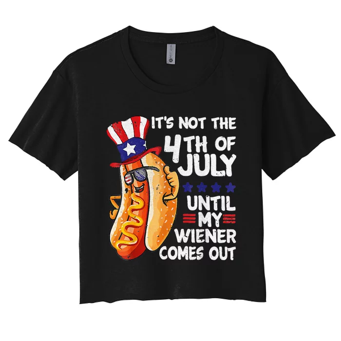 Funny 4th of July HotDog Wiener Comes Out Adult Humor Women's Crop Top Tee