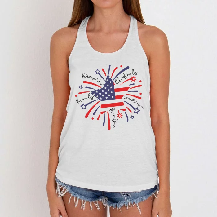 Firework 4th Of July American Flag Women's Knotted Racerback Tank